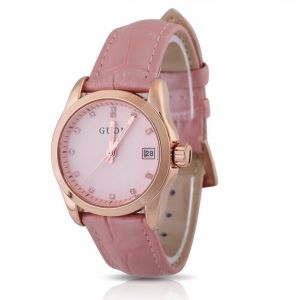 Guou Femelle Quartz Analogique Rond En Cuir Bracelet Date Montre Bracelet (Rose) - Neuf