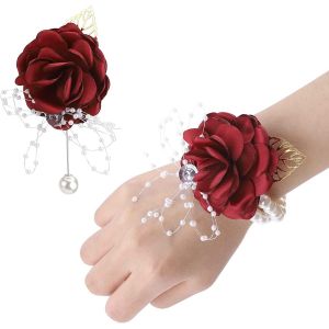 Eryi-Lot De 2 Bracelets De Corsage Pour Mariage Et Bal De Fin D'année, Avec Bracelet En Perles, Ruban Et Fleur Pour Femme, Fille, Mariée, Demoiselle D'honneur, Etc - Neuf