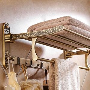 Porte-Serviettes De Bain Pliable En Aluminium Et Laiton Antique,Porte-Serviettes Actif,Double Étagère À Serviettes Avec Crochets,Accessoires De Salle De Bains-- - Neuf