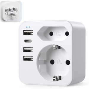JGD-6 en 1 Adaptateur Prise France vers USA, Adaptateur Prise USA, Canada, Americaine avec 3 USB et 1 Type C (3,4A) et 2 Prises, Mexique Tha&iuml;lande Type B (Blanc) - Neuf