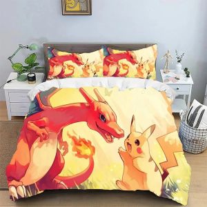 Accueil Pikachu Flame Dragon Parure De Lit Dessin Anime Enfants Taie D'oreiller Housse De Couette 2/3 Pieces Lit Double Lit King Size, Cadeau D'anniversaire. - Neuf