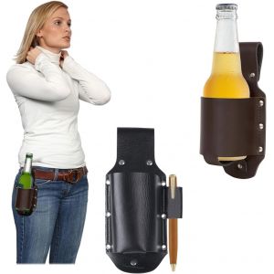 CAUC-2 pi&egrave;ces,Support de Bi&egrave;re PU,Etui &agrave; bi&egrave;re,&Eacute;tui &agrave; Bi&egrave;re en Cuir PU,Bi&egrave;re Holster,Support D'&eacute;tui De Bi&egrave;re en Cuir PU,BBQ pour Hommes, Camping, Cadeaux d'activit&eacute;s de Plein air (Noir, Marron) - Neuf