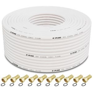 C&acirc;ble coaxial pour TV RG6 de 50 m - C&acirc;ble d'antenne satellite TV - Rallonge pour c&acirc;ble satellite F m&acirc;le - C&acirc;ble coaxial pour TV, HDTV, radio, Full HD, avec 10 connecteurs F de compression - Neuf