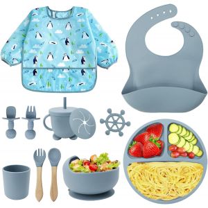 Kal-Assiette Bébé Pour Kit De Sevrage Autonome,Bol Cuillere Bebe,Tasse Bebe,Bavoir Silicone Bebe,Assiette Ventouse Bébé,Enfant Set Couverts Vaisselle Lot De 11 Set Passe Au Lave-Vaisselle (Bleu) - Neuf