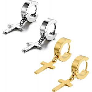 Eryi-Acier Inoxydable Clou D'oreille Boucle D'oreille Clou D'oreille Argent Noir Doré Ronde Croix Pendentif Rétro Homme Femme - Neuf