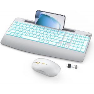 Clavier et Souris sans Fil, Clavier R&eacute;tro&eacute;clair&eacute; sans Fil avec Support pour Phone, Clavier sans Fil Rechargeable avec Repose-Poignets, R&eacute;cepteur USB, pour PC, Mac, Windows - Blanc Argent - Neuf