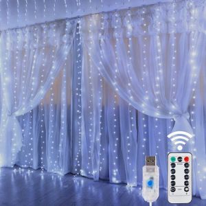 Fenêtre Rideau De Chaîne De Lumières, 300 Led 8 Modes D'éclairage Fil De Cuivre Fée Des Lumières Avec Télécommande, Alimenté Par Usb, Étanche À L'eau Pour La Fête De Noël, - Neuf