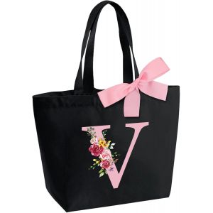 Sac Fourre-Tout Personnalisé avec Initiale,Sac Tote bag avec Noeud Papillon,Adapté pour Mariage Vacances Voyage Anniversaire Noël,Sac Cadeau Parfait pour femmes demoiselles d'honneur maman amis V - Neuf