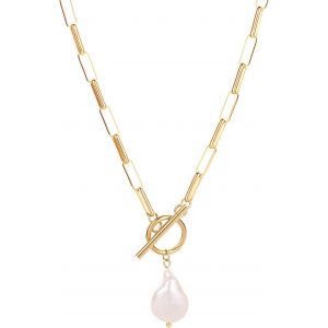 Kales-Collier Baroque En Perles D'eau Douce Argentées Avec Long Pendentif Paperclip En Acier Inoxydable Pour Femme - Neuf