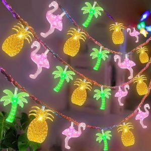 Guirlande Lumineuse Hawa&iuml;enne - 150 Cm - 10 Led - Avec Motif Ananas, Flamant Rose Et Palmier - Guirlande Lumineuse Tropicale &Agrave; Piles - Pour F&ecirc;te Hawa&iuml;enne, F&ecirc;te D'&eacute;t&eacute;, D&eacute;coration De Plage - Neuf