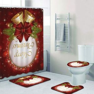 Ensemble de 4 Joyeux No&euml;l Rideaux de Douche avec Slip Mat, Toilette d'un Couvercle et Tapis de Bain, de Cloche de No&euml;l Rideaux de Douche avec 12 Crochets, No&euml;l Rideau de Douche Sets de salle de Bain - Neuf