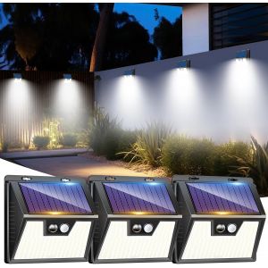 Lot De 3 Lampe Solaire Exterieur Detecteur De Mouvement, 176 Led Lumiere Ext&eacute;rieur Ip65 &Eacute;tanche Spot Solaire 3 Modes Eclairage Exterieure, Projecteur Ext&eacute;rieure Pour Jardin Garage, Blanc Froid - Neuf