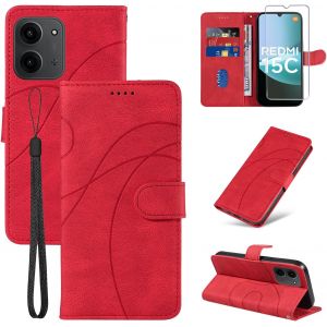 LORANKA-Coque pour Xiaomi Redmi 15C 4G/5G avec 1 Pi&egrave;ces Verre Tremp&eacute; Protection, Premium PU Cuir Multifonction Magn&eacute;tique Portefeuille &agrave; Rabat Flip Housse &Eacute;tui pour Xiaomi Redmi 15C 15 C - Rouge - Neuf