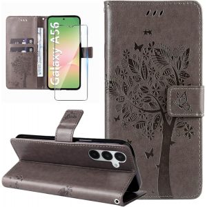 Kal-Coque Pour Samsung Galaxy A56 5g Etui Portefeuille Cuir Avec Verre Trempé Motif Porte Carte À Rabat Clapet Housse Protection Flip Case Étui Coque Pour Samsung Galaxy A56 5g-Gris - Neuf