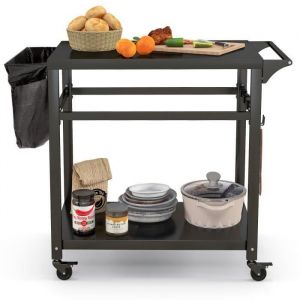 COSTWAY Desserte pour Plancha 80x50,5 cm Double Étagères,4 Roues Universelles,Crochets Porte-serviettes Latérale Chariot de Barbecue - Neuf