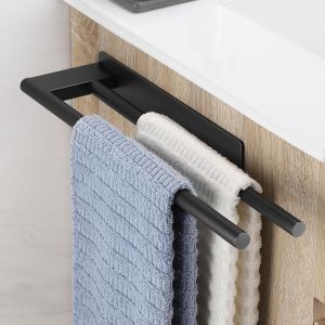 Eryi-Porte-Serviettes Double 39cm Porte Serviettes De Salle De Bain Porte-Serviettes Mural Auto-Adhésif Sans Perçage Porte-Serviettes De Cuisine En Acier Inoxydable, Noir - Neuf