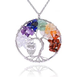 Kal-Collier Femme Arbre De Vie Collier Pendentif Cuivre Chakra Pierre Pendentif Hibou Collier Cha&icirc;ne Pendentif Long Collier R&eacute;glable Y Collier Fille Bijoux Collier (White + Owl) - Neuf