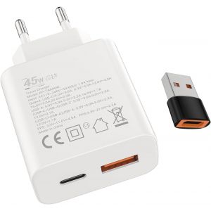 S25 S24Chargeur Rapide 45W USB-C 18W USB-A, Adaptateur pour Samsung Galaxy S25 S23 S22 S21 S20 S10 A56 A55 A54 A36 A35 Z Flip 6/5 iPhone 16 15/Pro/Pro Max/Plus Motorola Moto Google xiaomi Portable - Neuf