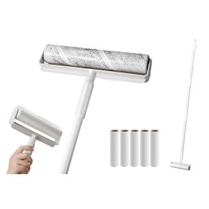 Rouleau adh&eacute;sif anti-peluches avec 5 rouleaux de rechange pour le nettoyage des poils d'animaux et de la poussi&egrave;re, manche long, longueur r&eacute;glable - Neuf