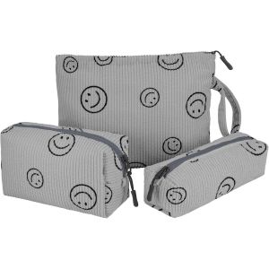 MAA-3 Pièces Trousse Cosmétique, Corduroy Trousse de Toilette Voyage, Toile Améliorée à l'intérieur Organisateur de Maquillage Smile Tote, Sourire Sac de Toilette pour Femmes Fille, Gris - Neuf