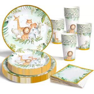 Eryi-Jungle Safari Thème Vaisselle, Fournitures Fête D'anniversaire Enfants, Vaisselle Papier 24 Invités, Animalière Assiettes Serviettes Table Gobelets Baby Shower - Neuf