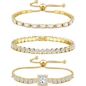 Eryi-3 Pièces Tennis Bracelet Femme Zirconium Cubique Bracelet Diamant Bracelet Réglable Brillant Empilable Bracelets Tennis Argent Or - Neuf