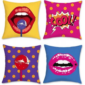 Lot De 4 Housse De Coussin Pop Art 45 X 45 Cm Motif Polka Dots Lèvres Velours Doux Décoratif Taie D'oreiller Pour Canapé Lits Chaises Voiture Salon Maison Décor - Neuf