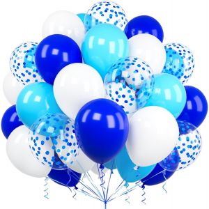 Blue And White Balloons, 60 Pieces 12 Inches Royal Light Blue Confetti Blue And White Latex Balloon For Children Girls Boys Birthday Party Baby Shower Wedding Christening Decoration - Neuf