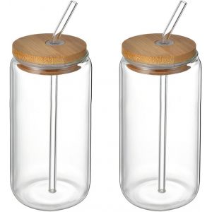 Ytfhg-Lot De 2 Verres À Bière De 580 Ml Avec Couvercles Et Paille, Tasses En Verre En Forme De Canette, Verres À Thé Glacé Réutilisables Pour Café Glacé, Cocktail, Vin Et Eau (20oz/580 Ml) - Neuf