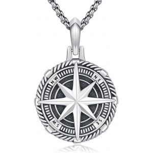 Chaîne Boussole Pour Homme Et Femme - Pendentif En Argent Sterling 925 Avec Chaîne En Acier Inoxydable - Motif Boussole Et Ancre (23 X 23 Mm),50 Cm + Rallonge De 5 Cm - Chaîne Pirate,Pirates - Neuf