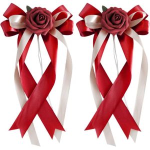 2 n?uds de voiture en soie - D&eacute;coration de voiture de mariage - Simulation de rose - N?ud de voiture - Poign&eacute;e de porte - R&eacute;troviseur - D&eacute;coration de chaise de mariage - Neuf