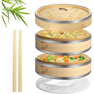Jexnovashop-Panier Cuiseur &Agrave; Cuit-Vapeur En Bambou (8 Pouces)-Avec Cadre En Acier Inoxydable, 50x Doublures De Vapeur, 2 Paires De Baguettes, Cuiseur &Agrave; Vapeur Chinois - Neuf