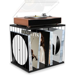 VornixorSarlshop-Rangement Vinyle, Support &agrave; Vinyle en Bois, Vintage Style Multifonctionnel Meuble Vinyles avec 3 Compartiments, Porte Vinyles Pouvant Contenir 100 Disques, pour Salon ou Bureau (Noir - Neuf