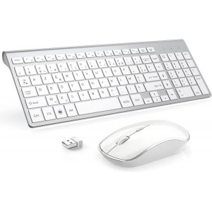 KALANKA-Clavier Souris sans Fil, 2,4Ghz Ultra-Fins Compacte Clavier, Portable Silencieux 2400 DPI Ergonomique Clavier Souris pour PC, Smart TV, Ordinateur (AZERTY Disposition) - Blanc Argent - Neuf
