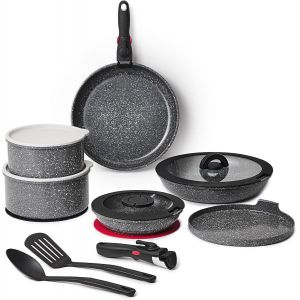 Jexnovashop-Batterie De Cuisine, Set De Casserole Poele Induction Avec Poignée Amovible Et Revêtement Anti-Adhésif En Céramique, Empilable Set De Casseroles (Gris Cendré, 16 Pièces) - Neuf