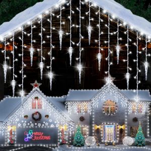 Aiou-Guirlande Lumineuse D'extérieur Pour Balcon,Blanc Froid,Pluie Glacée,Éclairage De Noël,10 M,479 Led,8 Modes,Décoration De Noël En Plein Air,Pour Avant-Toit,Fenêtre,Porte,Jardin - Neuf
