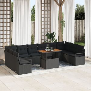 Ensemble De Canap&eacute;s De Jardin 11 Pi&egrave;ces Avec Coussins Noir Poly Rattan Acacia, Canap&eacute; De Jardin 2 Places Avec Coussins Noir Poly Rattan - Neuf