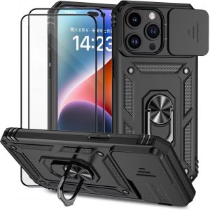 Eryi-Coque Pour Iphone 14 Pro Max(6.7") Avec Verre Trempélentille Coulissante Couverture Support D`Anneau Rotatif Armor Silicone Étui Antichoc Housse Bumper-Noir - Neuf