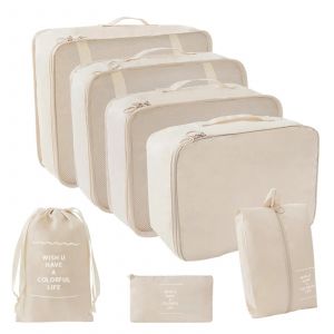 7PCS Ensemble de sac de rangement de voyage de couleur unie Sac de finition de voyage de grande capacit&eacute; pour voyage d'affaires Beige,7PCs - Neuf