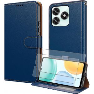 ELVORIX-Coque pour Honor X5C Plus/Honor X5C avec 2 * Verre Tremp&eacute;, Etui Protection Housse Premium en Cuir PU,[RFID Blocage][Emplacements Cartes][Multifonctionnel] Magn&eacute;tique &agrave; Rabat Flip Case - Bleu - Neuf
