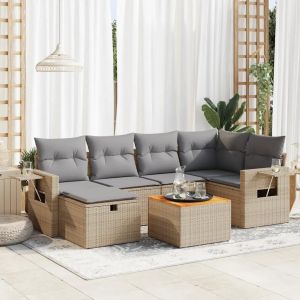 Salon De Jardin Avec Coussins 7 Pcs Beige Résine Tressée - Neuf