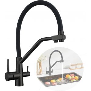 Robinet de Cuisine, 3 En 1 Mitigeur Cuisine avec Flux Extractible, Robinet de Cuisine Pivotant à 360° pour Eau Chaude, Froide et Eau Filtrée Potable, Noir - Neuf
