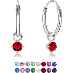 Kal-&reg; Boucles D'oreilles Petites Cr&eacute;oles En Argent Fin 925 Avec Petit Pendentif 3 Mm Cristaux De Swarovski&reg; Elements Ronds - &Eacute;paisseur 1.5 Mm - Diam&egrave;tre: 14 Mm - Choix De Diff&eacute;rentes Couleurs - Neuf