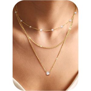 Kal-3pcs Collier Femme Or Chaine Or Femme Cz Cercle Perle Croix Pendentif Femme Collier Ras Du Cou Femme R&eacute;glable Collier Plaqu&eacute; Or 14k Bijouxfemme Or - Avec Bo&icirc;te &Agrave; Bijoux - Neuf
