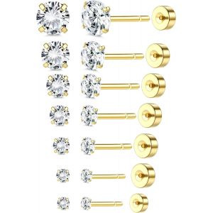 Kal-7 Paires Threadless Boucles D'oreilles Femme Homme Acier Inoxydable 2-8 Mm Cz Boucles D'oreilles Plaqué Or 18k Piercing Cartilage Hélix Tragus Piercing Oreille Dos Plat Boucles D'oreilles - Neuf