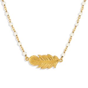 Collier Argent Dor&eacute; Plume Et Pierres Naturelles Blanches - Neuf