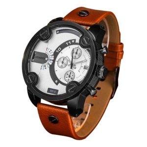 Montre Sport Pour Homme Avec Bracelet En Cuir Et Affichage Lumineux, Bo&icirc;tier Noir, Mouvement &Agrave; Quartz, Heure Gmt, Calendrier - Neuf