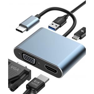 KALANKA-Adaptateur USB C vers HDMI VGA, 4 en 1 Adaptateur HDMI VGA avec 4K HDMI, Adaptateur Multiport Thunderbolt 3 vers HDMI VGA, PD 100W, USB 3.0 pou MacBook/MacBook Pro/Air, Chromebook, Dell, HDTV - Neuf