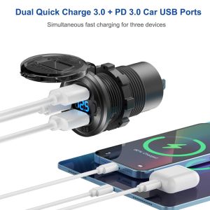 Prise Usb 12v Accessoires Pour Bateaux Prise Pour Panneau De Commutation,Pd3.0 Et Deux Ports Usb Qc3.0 Chargeur De Voiture En Aluminium,Prise Allume-Cigarette 150w &Eacute;clair&eacute;e Et Interrupteur &Agrave; Bascule - Neuf