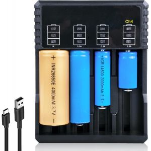 KGABERY-: Chargeur Universel À 4 Compartiments Avec Affichage Led,Chargeur 18650,18350,21700,16340,26650,Aa,3,7 V Li-Ion,Usb Rapide - Neuf